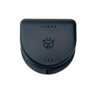 Black Dentosmile retainer case for orthodontic retainers, aligners, mouth guards, and dentures with air holes for ventilation.