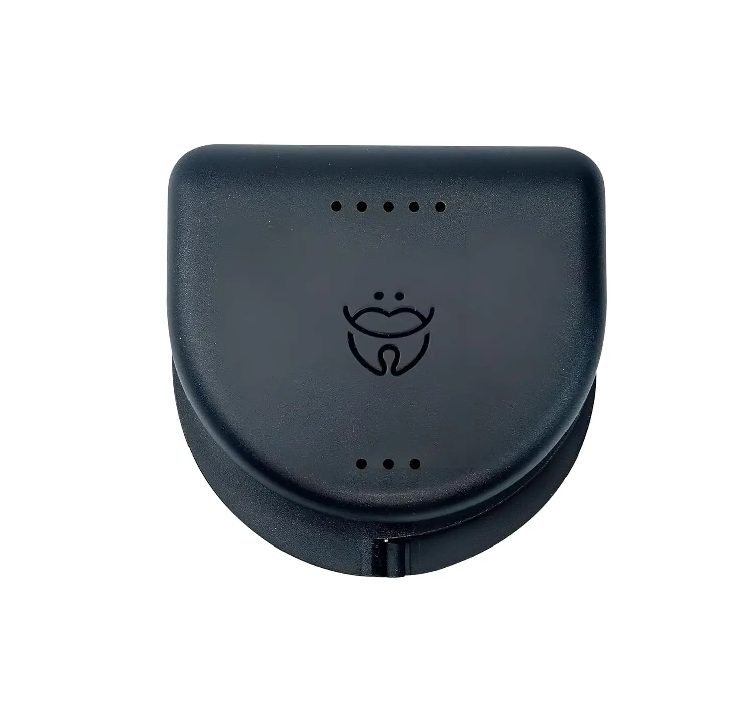 Black Dentosmile retainer case for orthodontic retainers, aligners, mouth guards, and dentures with air holes for ventilation.