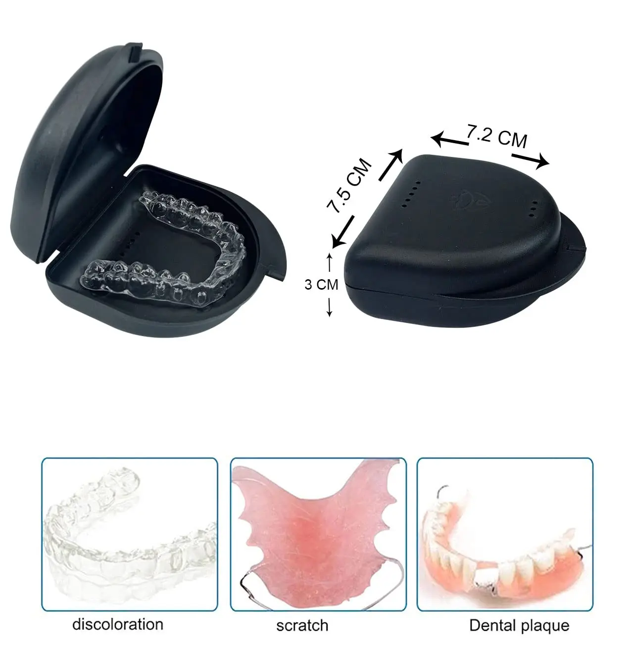 Black Dentosmile retainer case for orthodontic retainers, aligners, mouth guards, and dentures with air holes for ventilation.