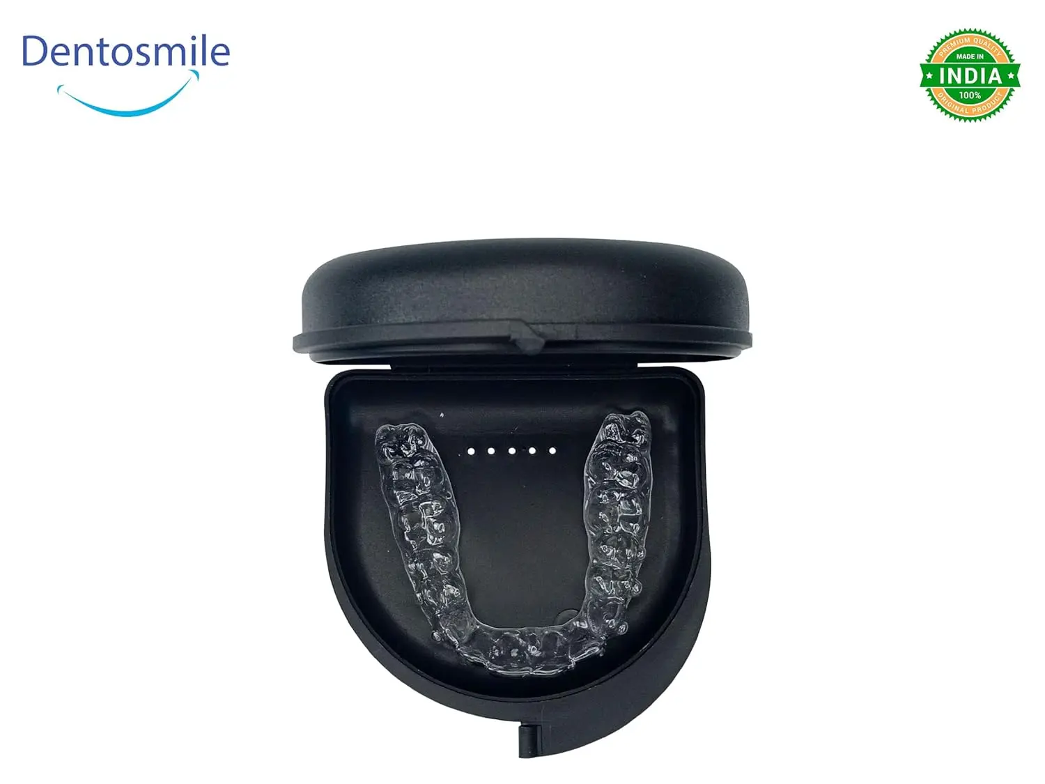 Black Dentosmile retainer case for orthodontic retainers, aligners, mouth guards, and dentures with air holes for ventilation.