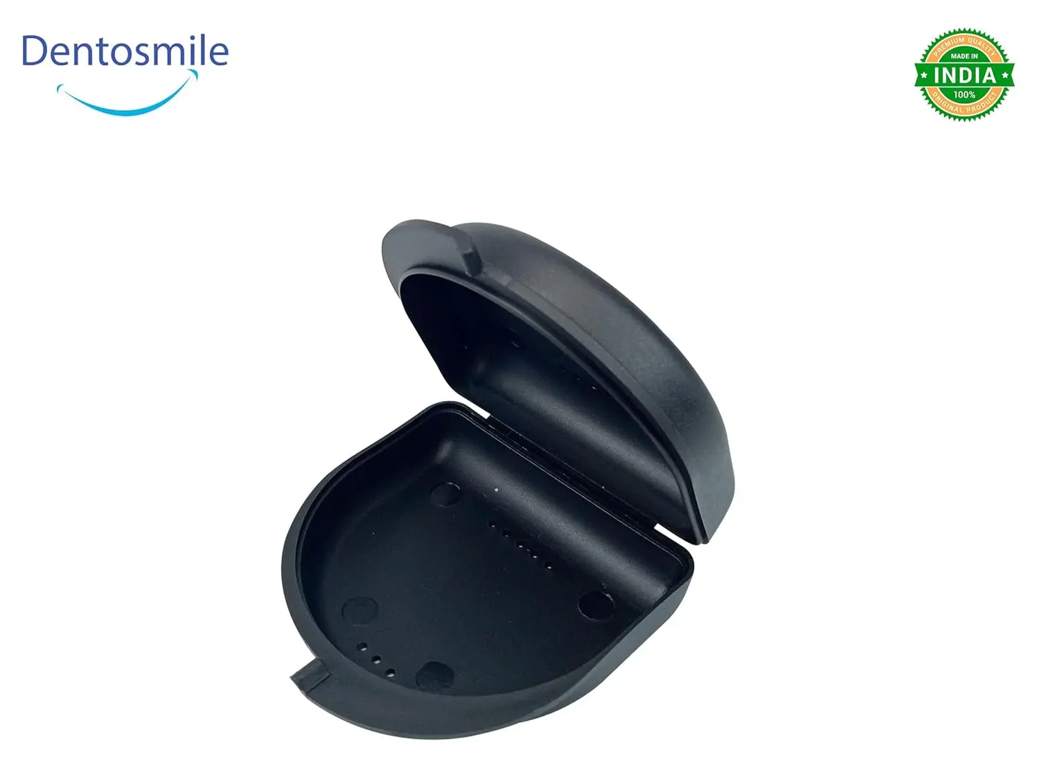 Black Dentosmile retainer case for orthodontic retainers, aligners, mouth guards, and dentures with air holes for ventilation.