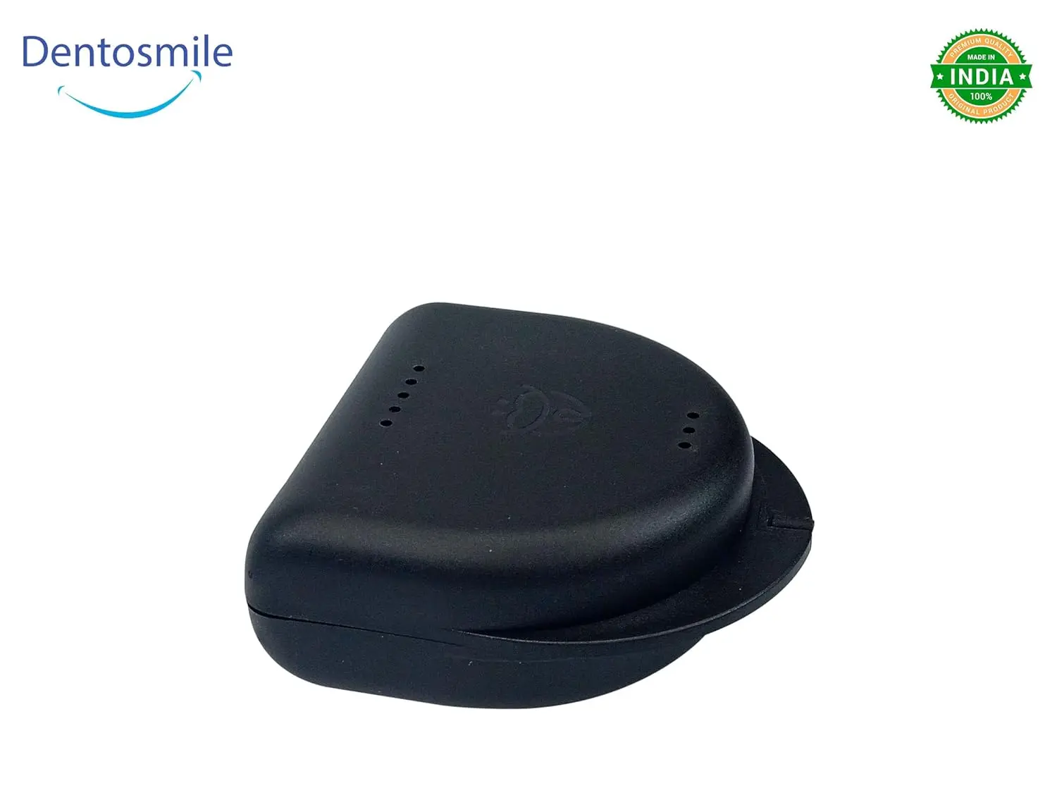 Black Dentosmile retainer case for orthodontic retainers, aligners, mouth guards, and dentures with air holes for ventilation.