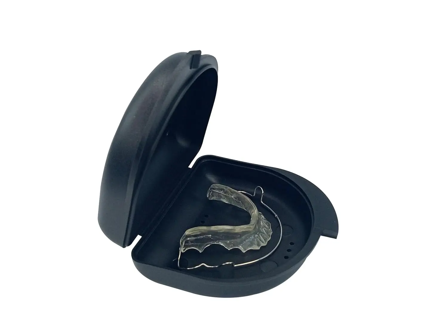Black Dentosmile retainer case for orthodontic retainers, aligners, mouth guards, and dentures with air holes for ventilation.