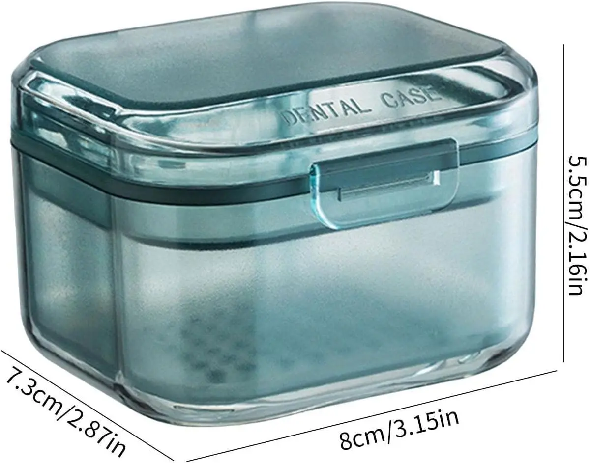 This blue denture bath box features a three-layer separation and includes a retainer case and soak container for easy denture cleaning and storage.