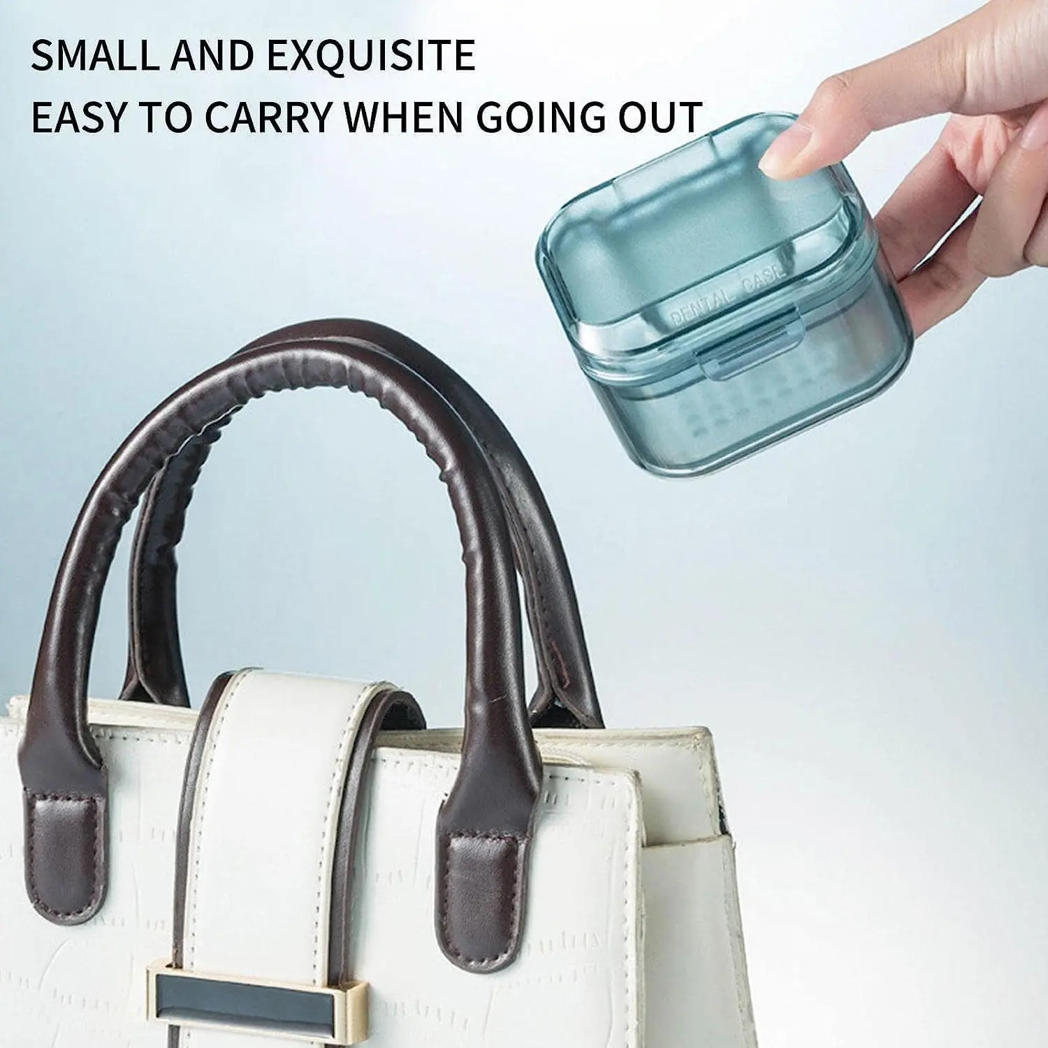 This blue denture bath box features a three-layer separation and includes a retainer case and soak container for easy denture cleaning and storage.