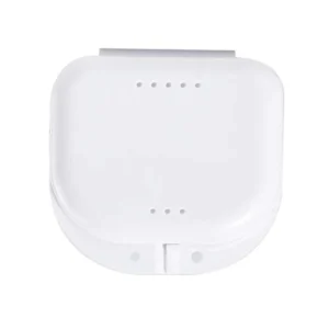 This white denture bath box provides a hygienic and convenient storage solution for dentures, false teeth, or dental appliances.