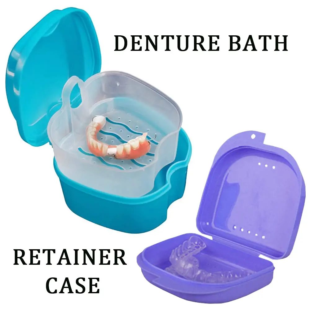 This denture bath case set includes a denture cleaning brush and retainer holder box for a complete clean care of your dentures, clear braces, mouth guard, night guard and retainers while traveling.
