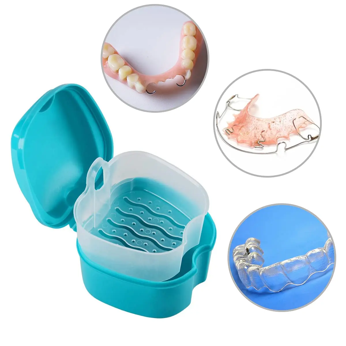 This denture bath case set includes a denture cleaning brush and retainer holder box for a complete clean care of your dentures, clear braces, mouth guard, night guard and retainers while traveling.