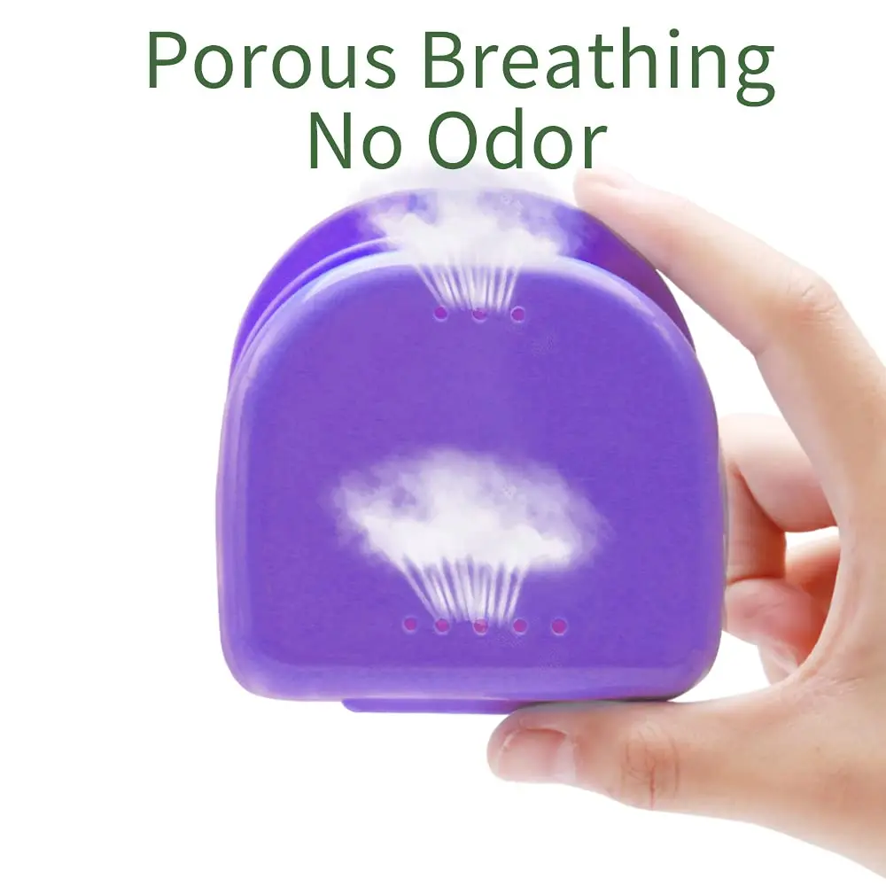 This denture bath case set includes a denture cleaning brush and retainer holder box for a complete clean care of your dentures, clear braces, mouth guard, night guard and retainers while traveling.