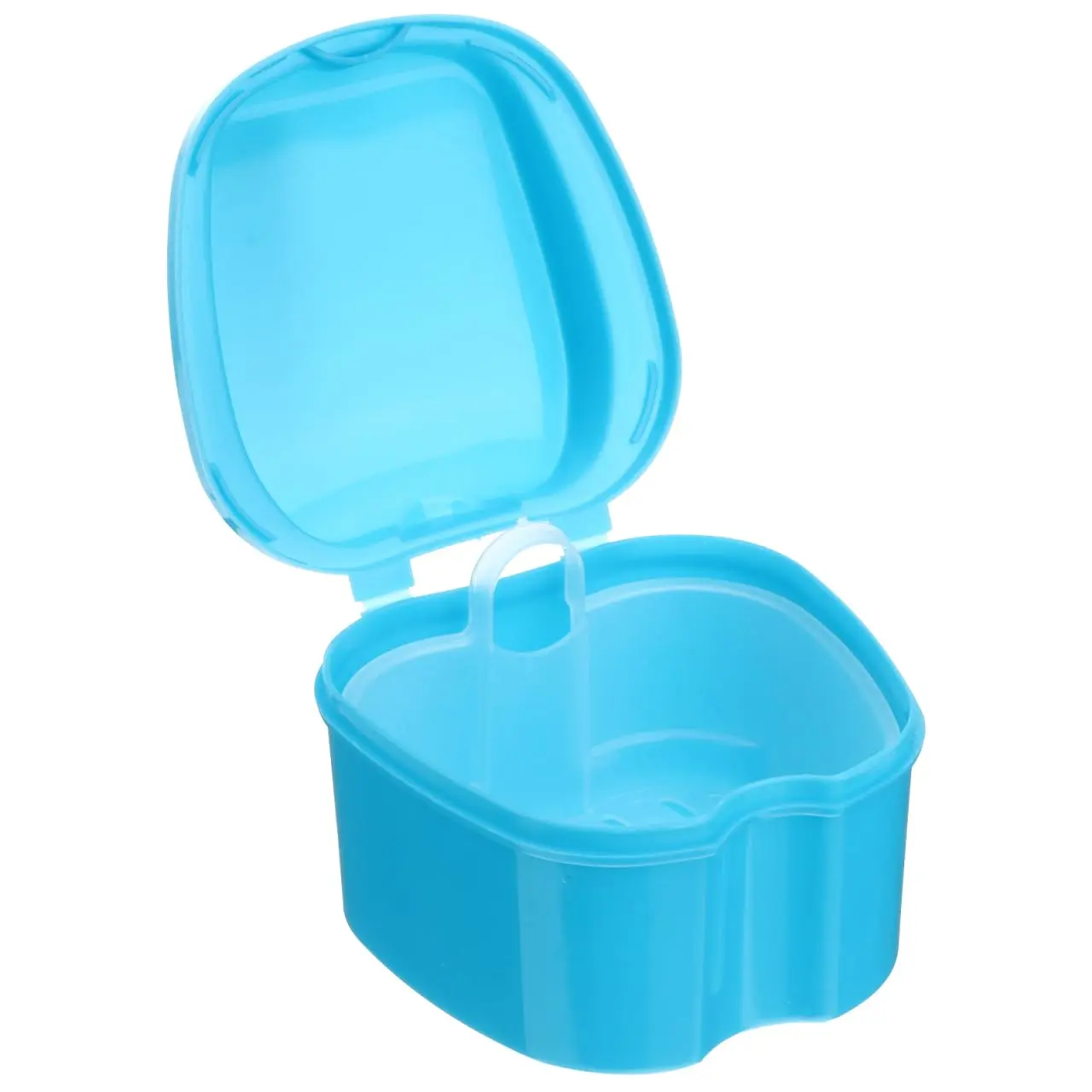 Blue denture box with net insert for convenient denture cleaning and storage, perfect for travel and elderly care.