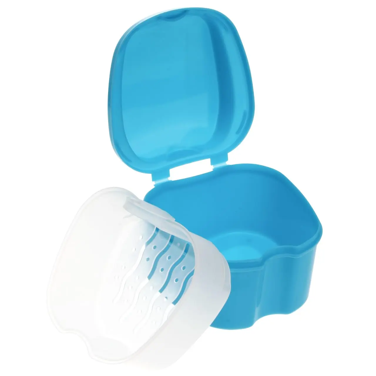 Blue denture box with net insert for convenient denture cleaning and storage, perfect for travel and elderly care.
