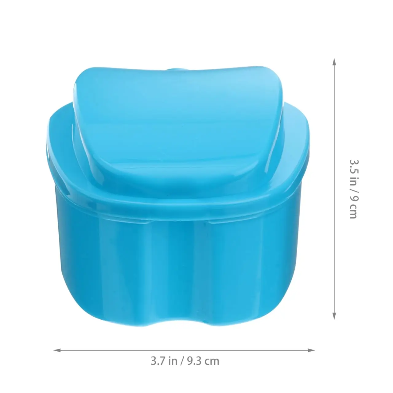 Blue denture box with net insert for convenient denture cleaning and storage, perfect for travel and elderly care.