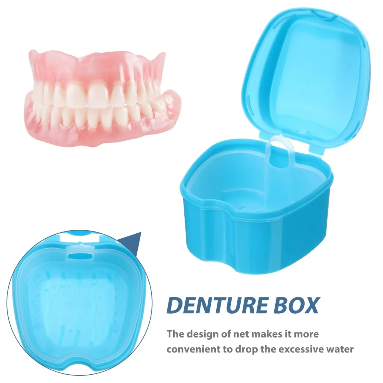 Blue denture box with net insert for convenient denture cleaning and storage, perfect for travel and elderly care.