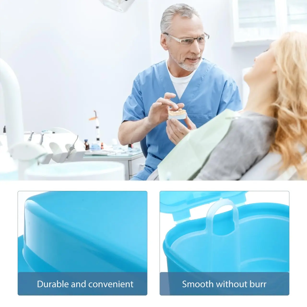 Blue denture box with net insert for convenient denture cleaning and storage, perfect for travel and elderly care.
