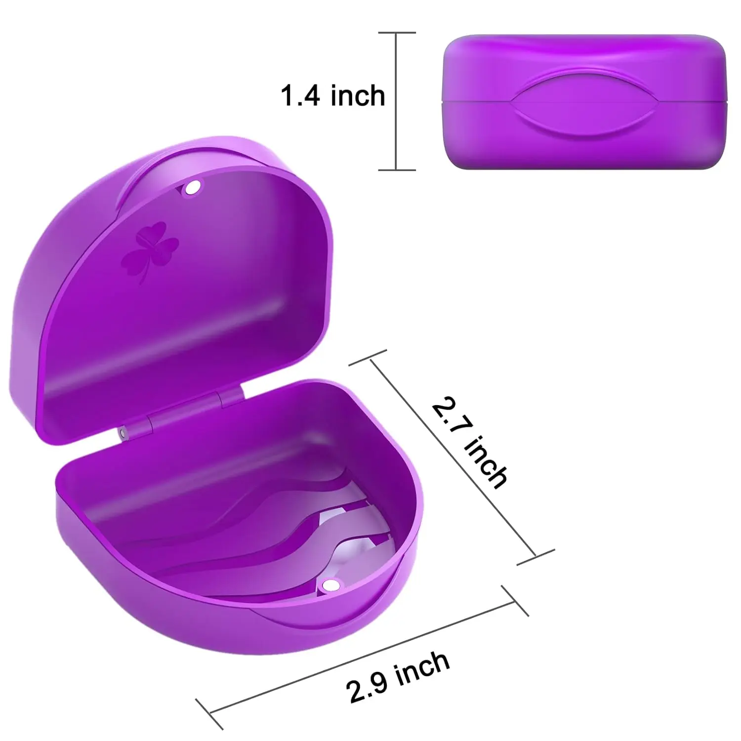Purple denture box with secure snap closure for storing retainers, mouth guards, bite splints, and other small orthodontic appliances.