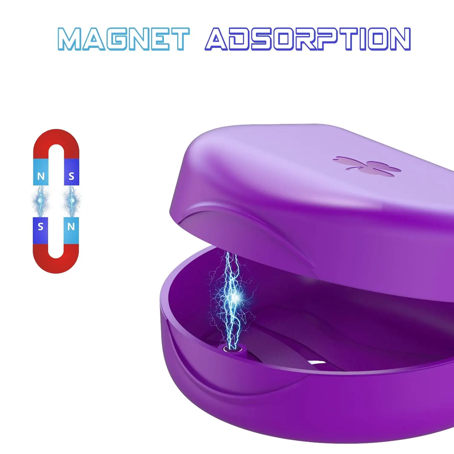 Purple denture box with secure snap closure for storing retainers, mouth guards, bite splints, and other small orthodontic appliances.