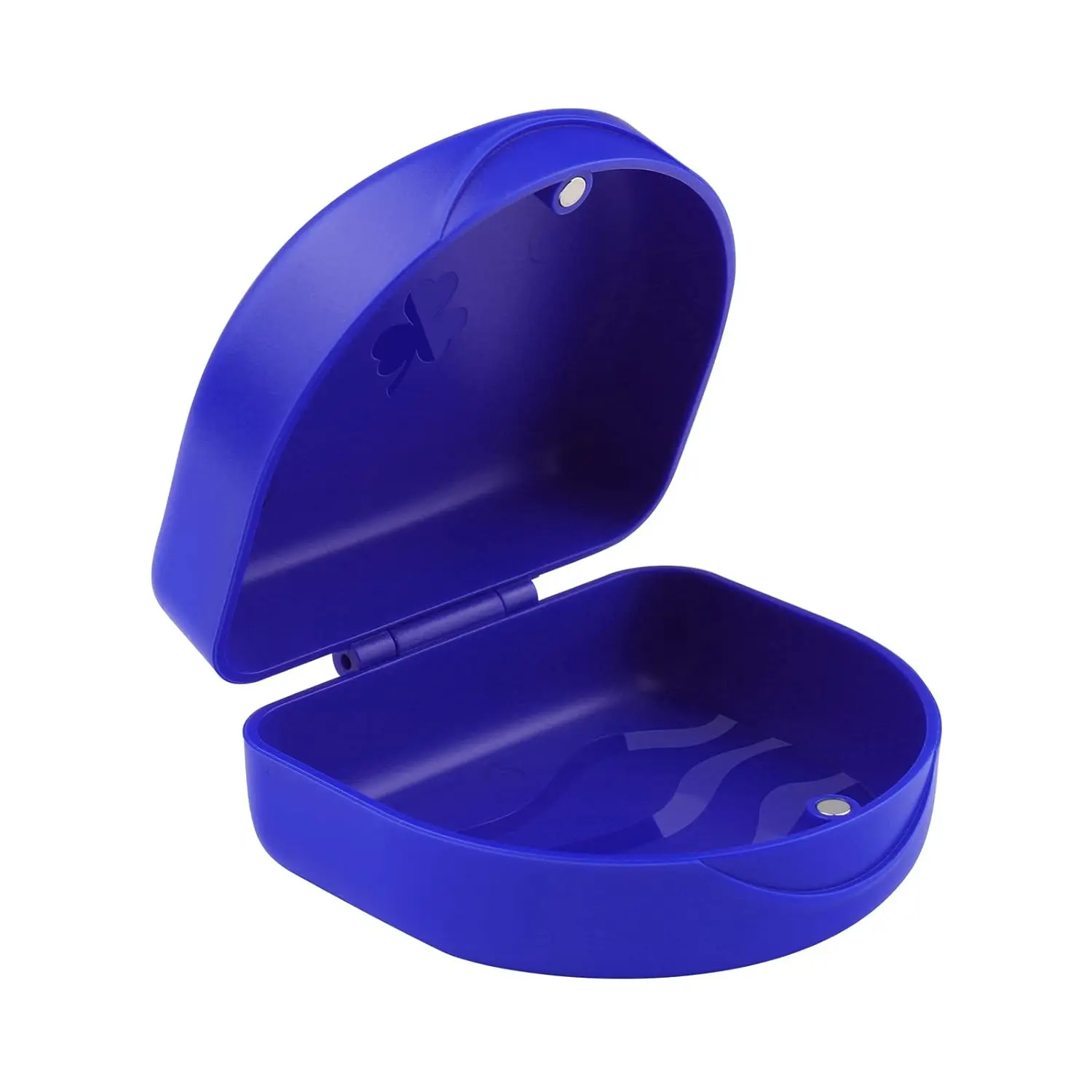Purple denture box with secure snap closure for storing retainers, mouth guards, bite splints, and other small orthodontic appliances.