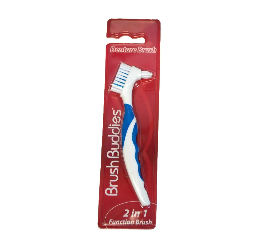 This Brush Buddies denture brush with an ergonomic handle is designed to effectively clean dentures, reaching areas that regular toothbrushes cannot.