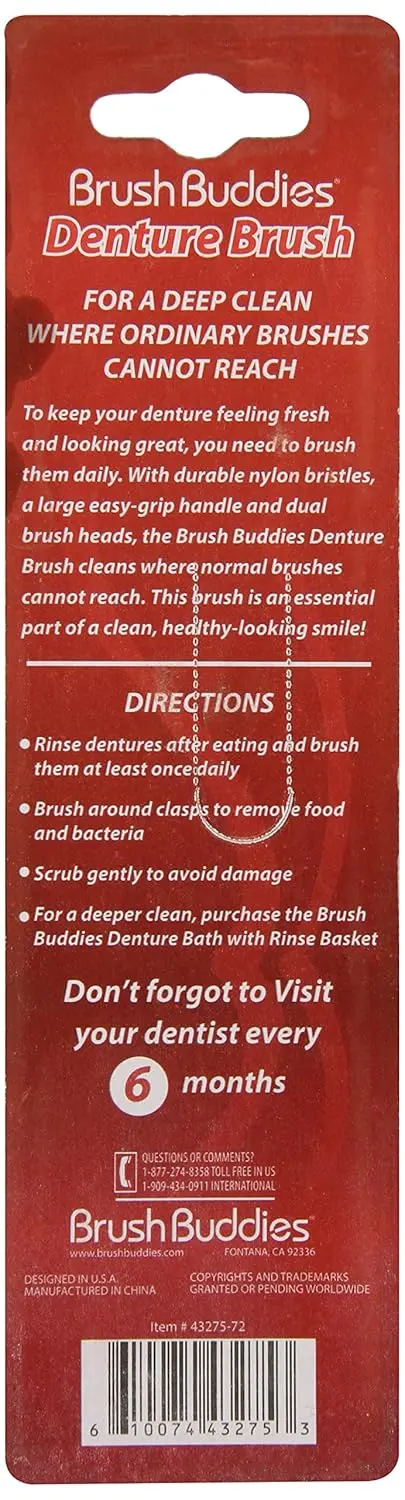 This Brush Buddies denture brush with an ergonomic handle is designed to effectively clean dentures, reaching areas that regular toothbrushes cannot.