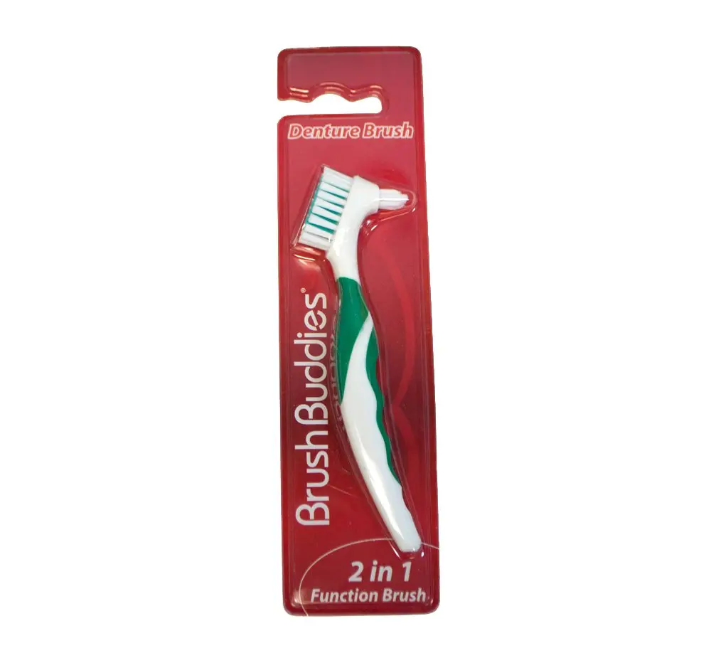This Brush Buddies denture brush with an ergonomic handle is designed to effectively clean dentures, reaching areas that regular toothbrushes cannot.