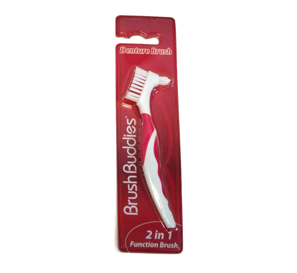 This Brush Buddies denture brush with an ergonomic handle is designed to effectively clean dentures, reaching areas that regular toothbrushes cannot.