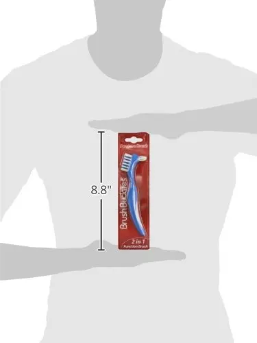 This Brush Buddies denture brush with an ergonomic handle is designed to effectively clean dentures, reaching areas that regular toothbrushes cannot.
