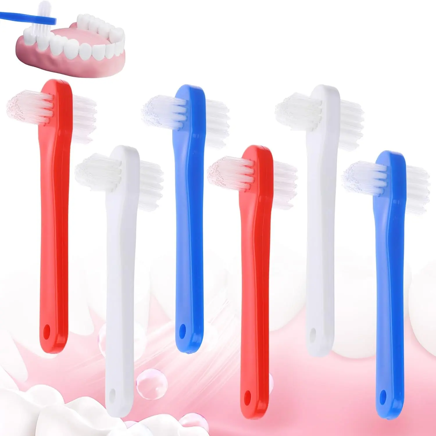 This denture cleaning brush set includes six color-coded, dual-headed brushes with firm nylon bristles for effectively cleaning dentures, retainers, mouthguards, and other oral appliances.