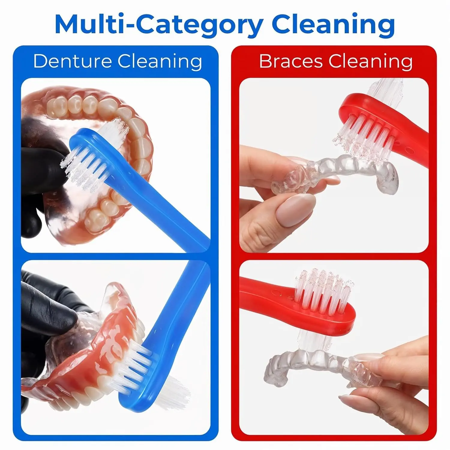 This denture cleaning brush set includes six color-coded, dual-headed brushes with firm nylon bristles for effectively cleaning dentures, retainers, mouthguards, and other oral appliances.
