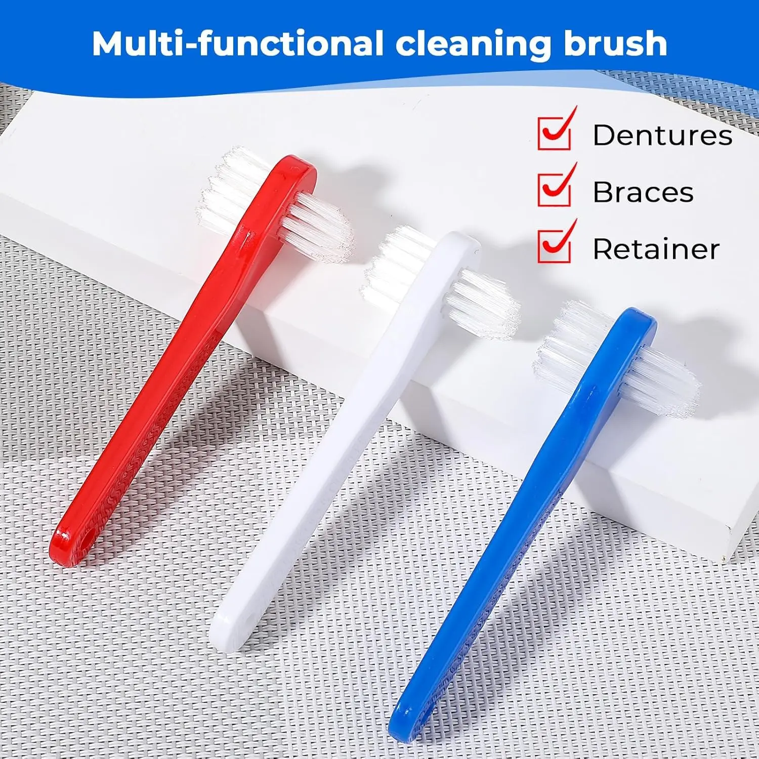 This denture cleaning brush set includes six color-coded, dual-headed brushes with firm nylon bristles for effectively cleaning dentures, retainers, mouthguards, and other oral appliances.