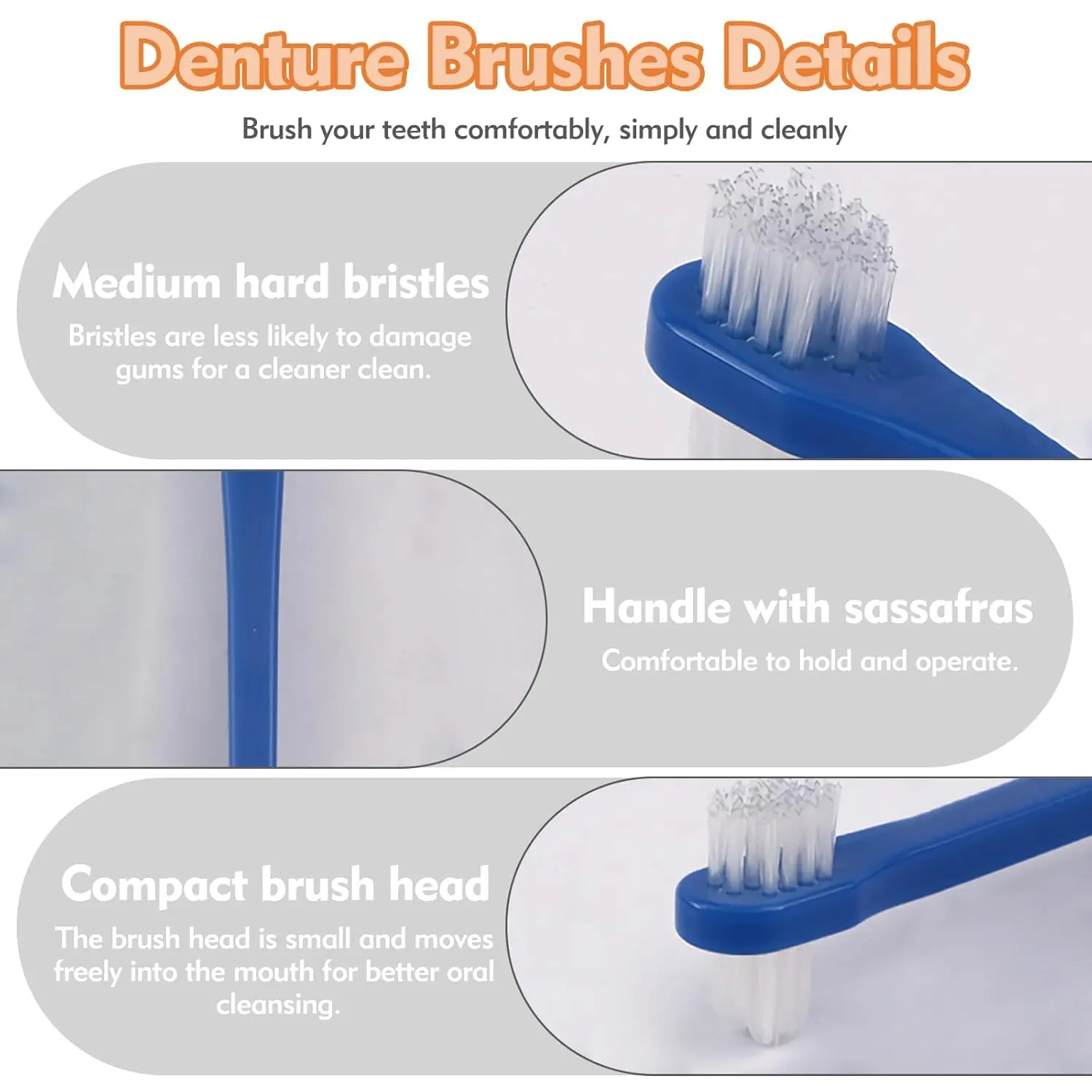This denture cleaning brush set includes six color-coded, dual-headed brushes with firm nylon bristles for effectively cleaning dentures, retainers, mouthguards, and other oral appliances.