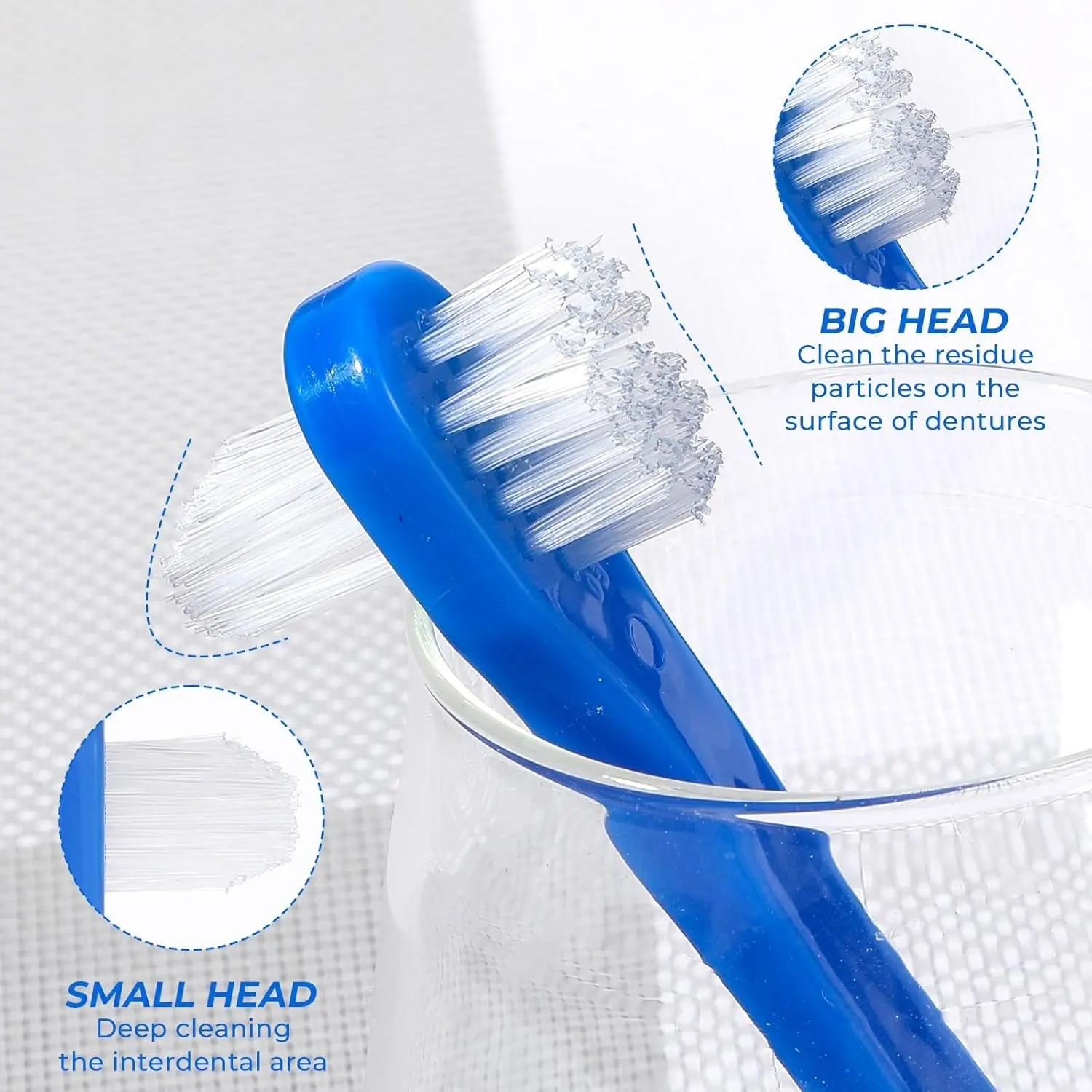 This denture cleaning brush set includes six color-coded, dual-headed brushes with firm nylon bristles for effectively cleaning dentures, retainers, mouthguards, and other oral appliances.