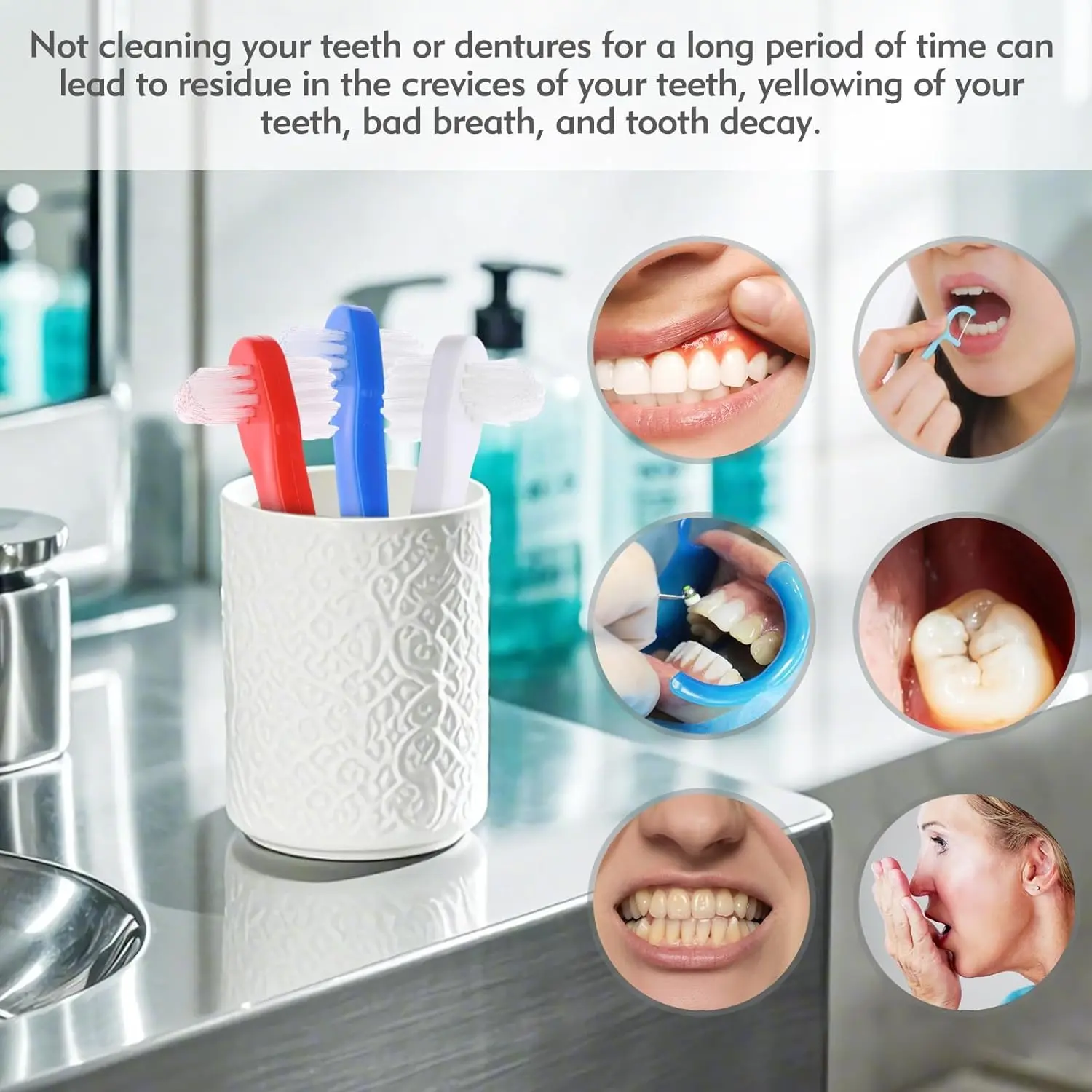 This denture cleaning brush set includes six color-coded, dual-headed brushes with firm nylon bristles for effectively cleaning dentures, retainers, mouthguards, and other oral appliances.