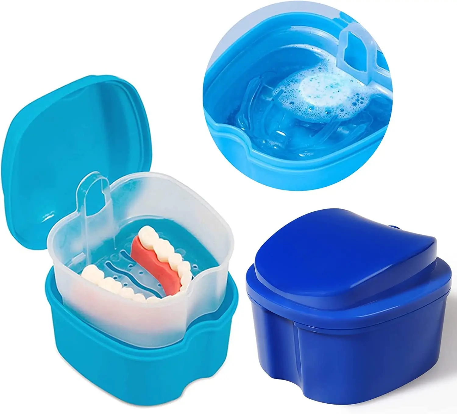 This denture case with basket is made of high-quality, food-grade PP material and is designed for easy cleaning and hygienic storage of dentures or retainers.