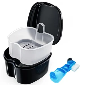 This black denture case with a removable basket and lid is perfect for soaking and cleaning dentures, retainers, mouth guards, and other oral appliances.