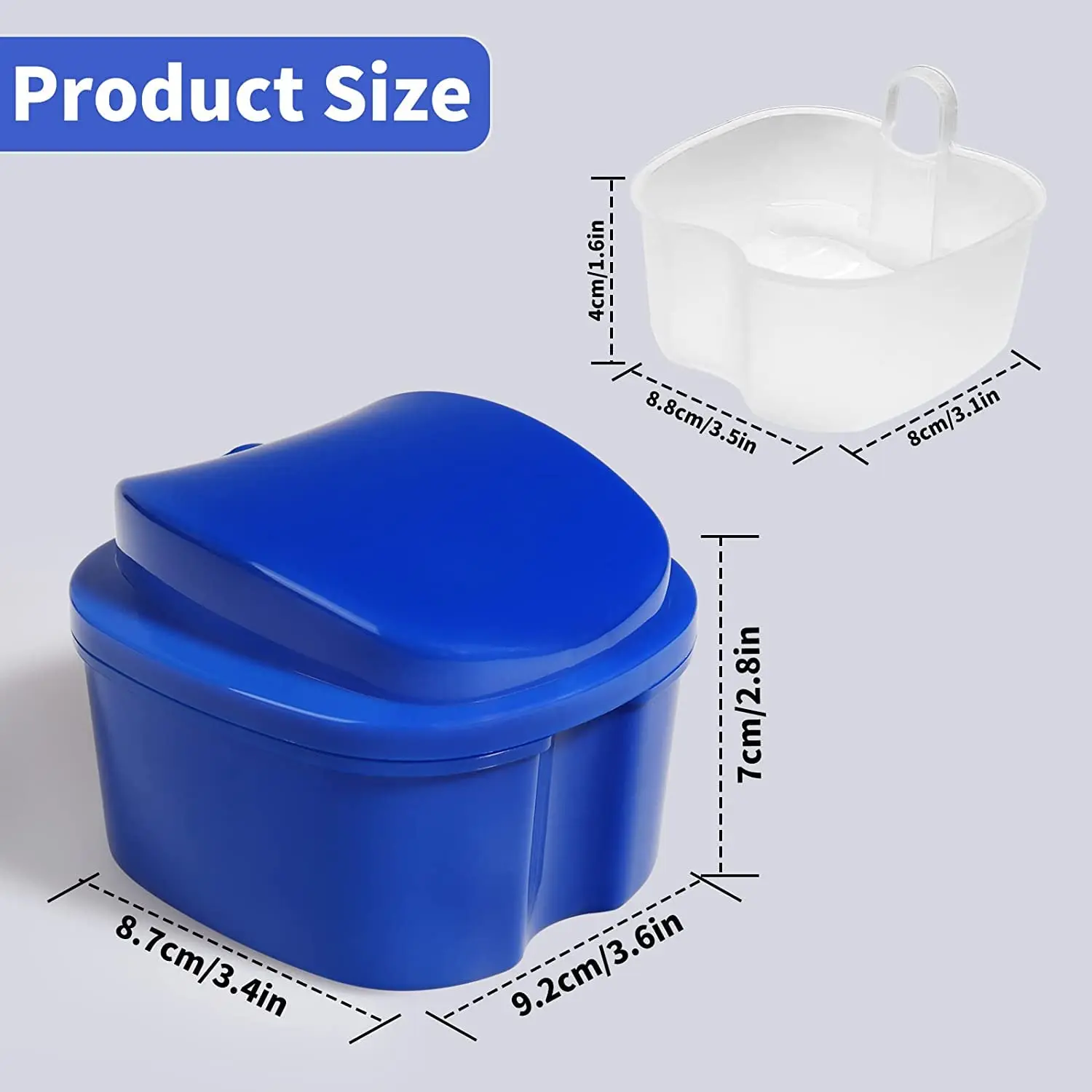 This denture case with basket is made of high-quality, food-grade PP material and is designed for easy cleaning and hygienic storage of dentures or retainers.