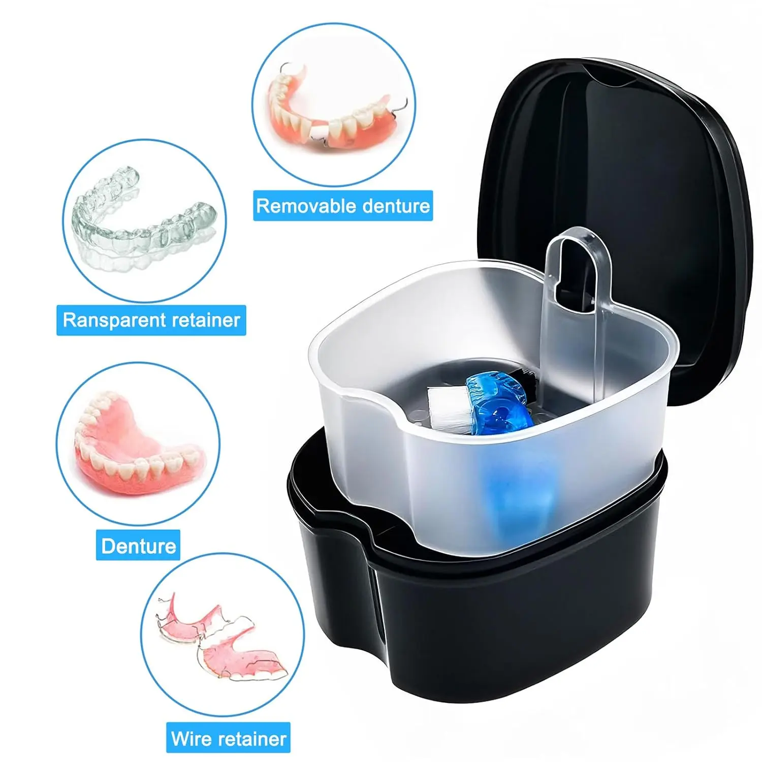 This black denture case with a removable basket and lid is perfect for soaking and cleaning dentures, retainers, mouth guards, and other oral appliances.