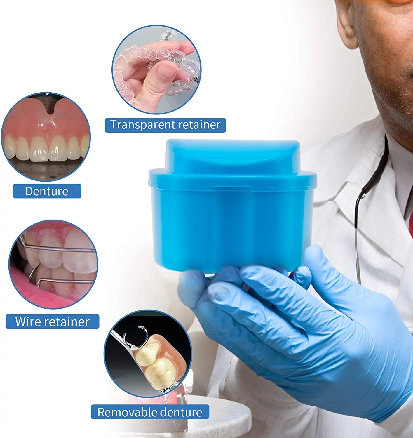 This denture case with basket is made of high-quality, food-grade PP material and is designed for easy cleaning and hygienic storage of dentures or retainers.
