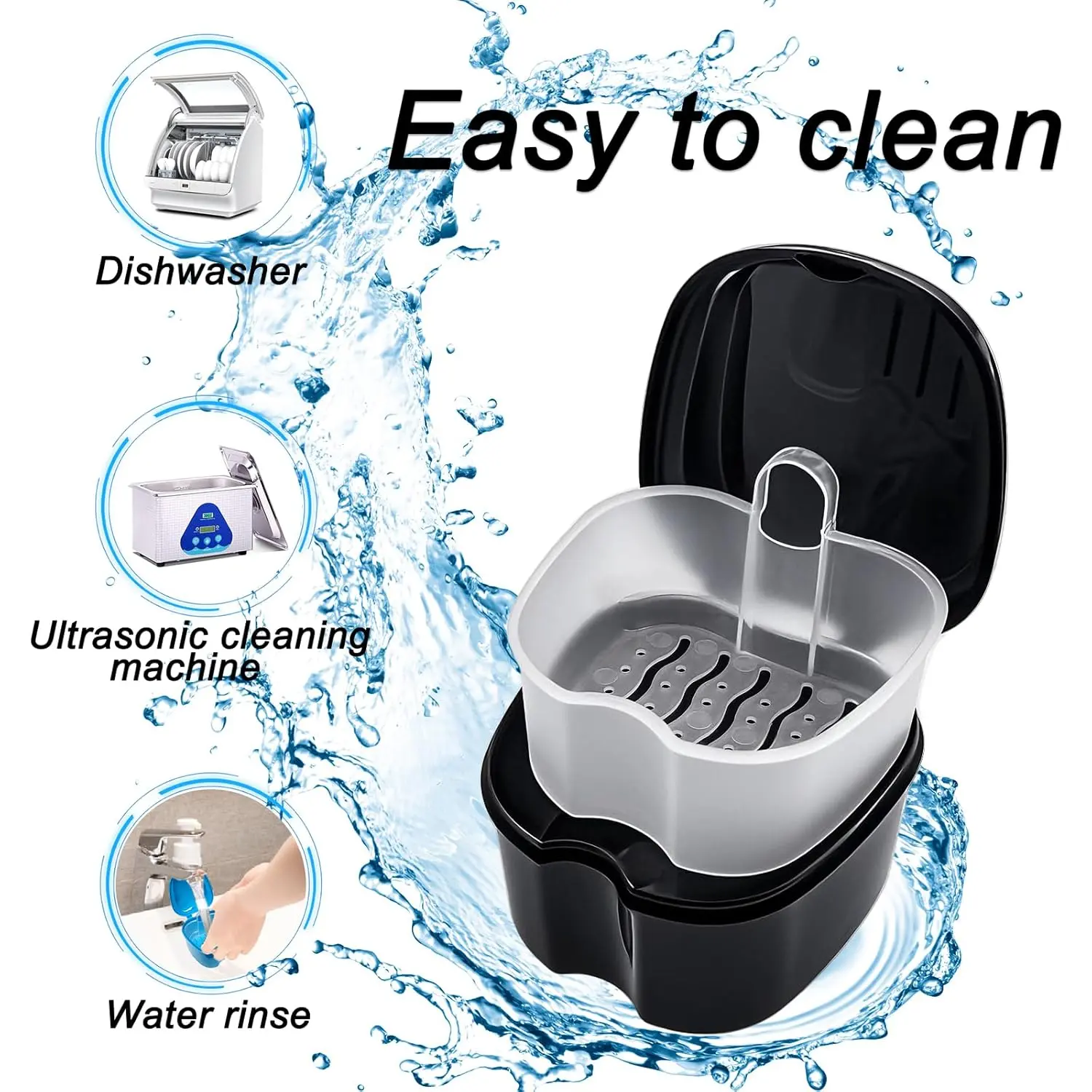 This black denture case with a removable basket and lid is perfect for soaking and cleaning dentures, retainers, mouth guards, and other oral appliances.