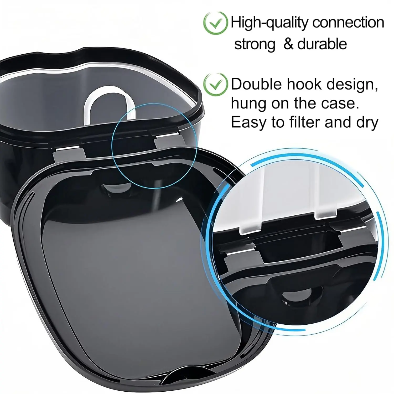 This black denture case with a removable basket and lid is perfect for soaking and cleaning dentures, retainers, mouth guards, and other oral appliances.