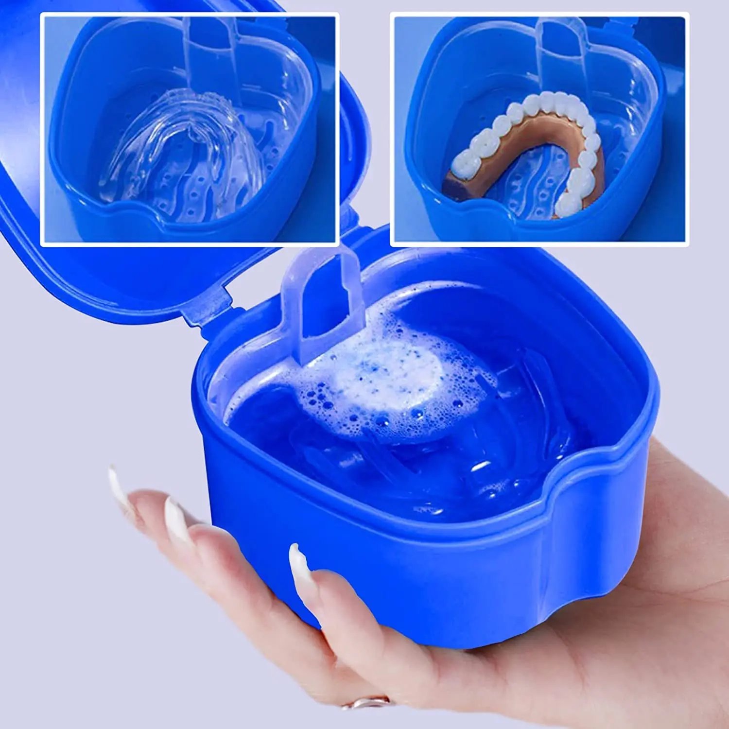This denture case with basket is made of high-quality, food-grade PP material and is designed for easy cleaning and hygienic storage of dentures or retainers.