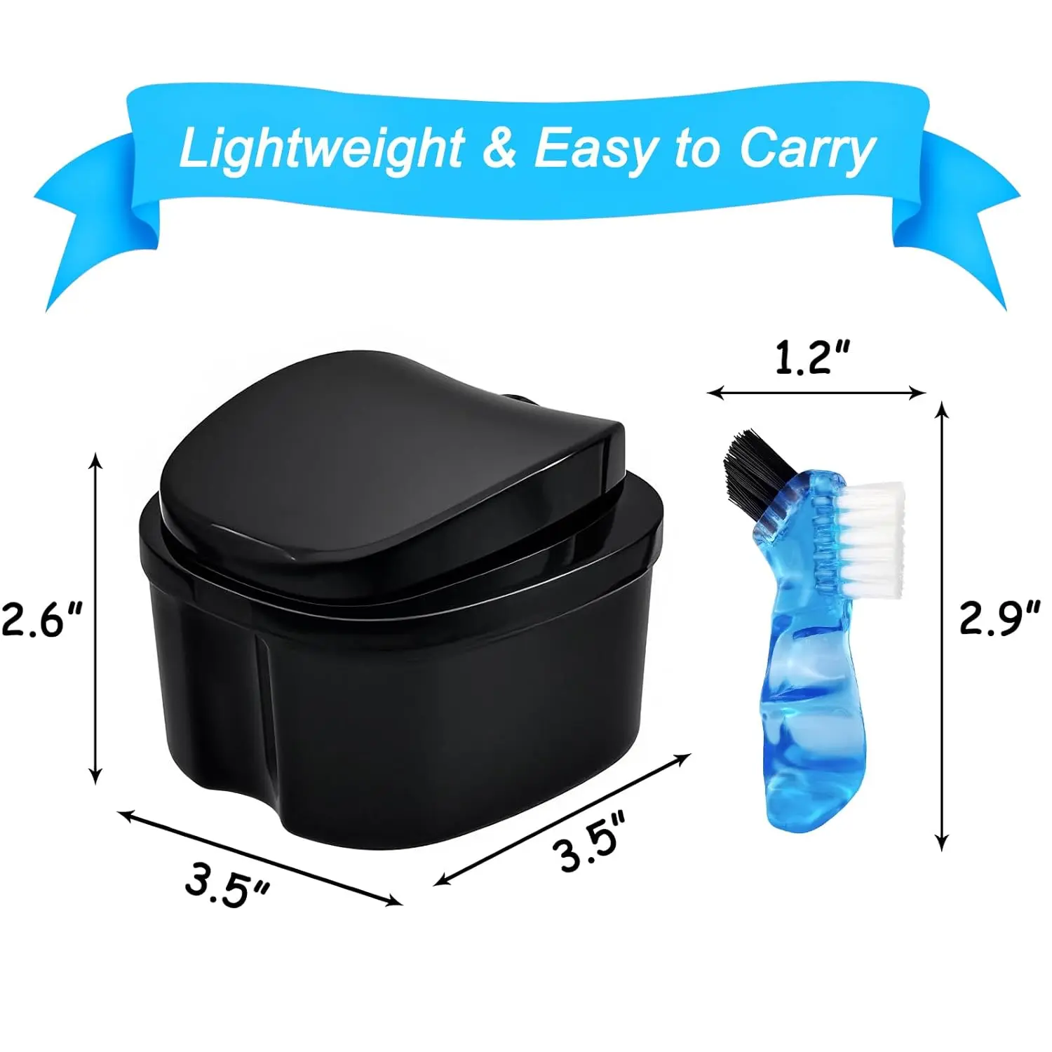 This black denture case with a removable basket and lid is perfect for soaking and cleaning dentures, retainers, mouth guards, and other oral appliances.