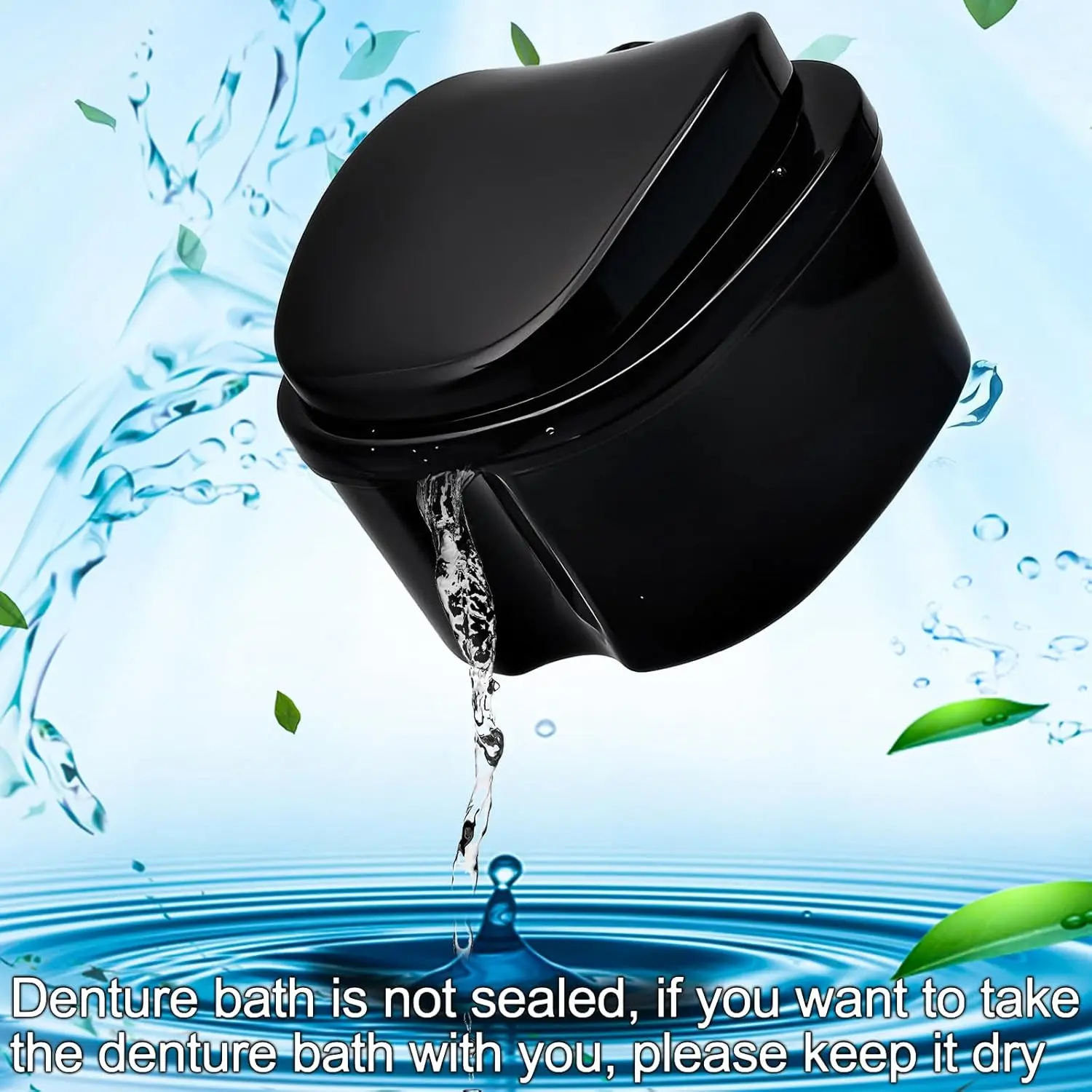 This black denture case with a removable basket and lid is perfect for soaking and cleaning dentures, retainers, mouth guards, and other oral appliances.
