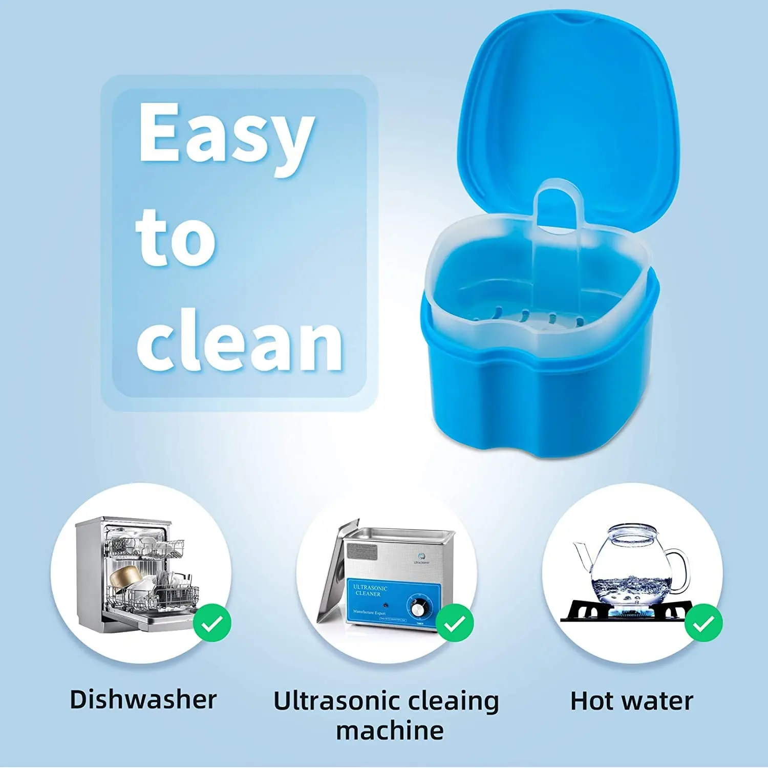 This denture case with basket is made of high-quality, food-grade PP material and is designed for easy cleaning and hygienic storage of dentures or retainers.