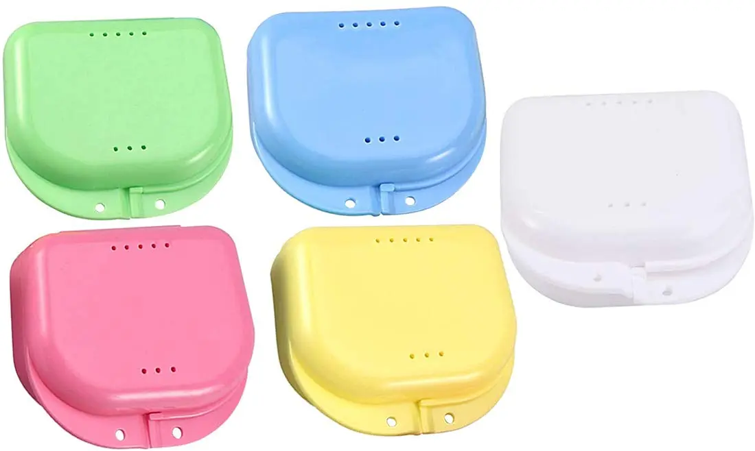 This 5-pack of colorful denture cases with keychains provides convenient and odor-proof storage for dentures, retainers, mouth guards, and other dental appliances.
