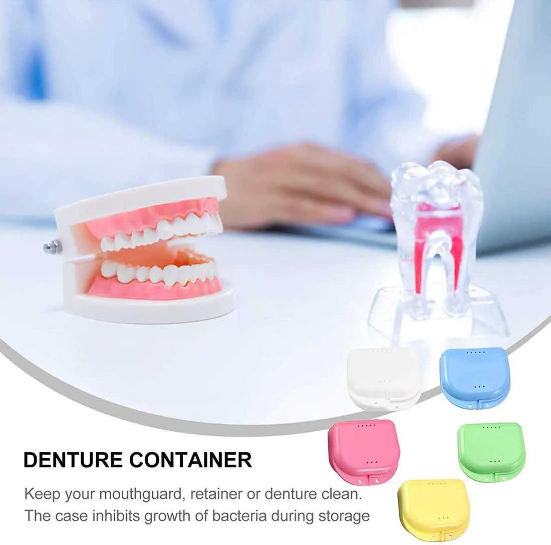 This 5-pack of colorful denture cases with keychains provides convenient and odor-proof storage for dentures, retainers, mouth guards, and other dental appliances.