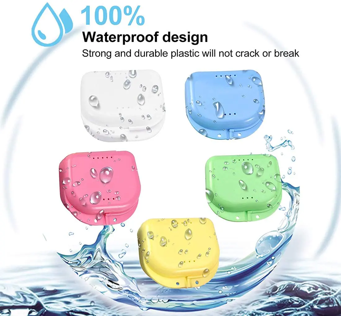 This 5-pack of colorful denture cases with keychains provides convenient and odor-proof storage for dentures, retainers, mouth guards, and other dental appliances.