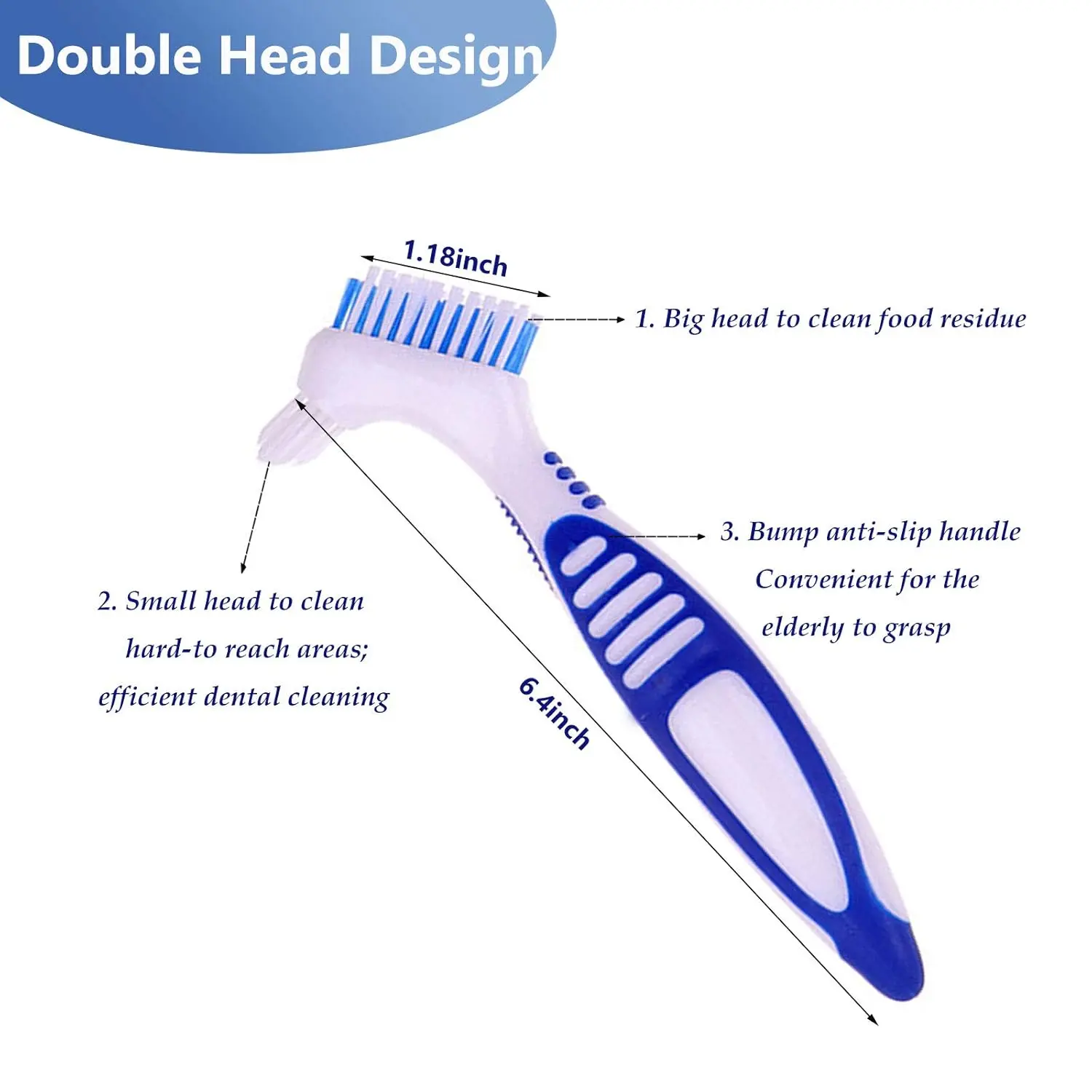 This denture brush set includes three double-sided brushes with ergonomic handles and multi-layered bristles for effective and comfortable cleaning of dentures and false teeth.