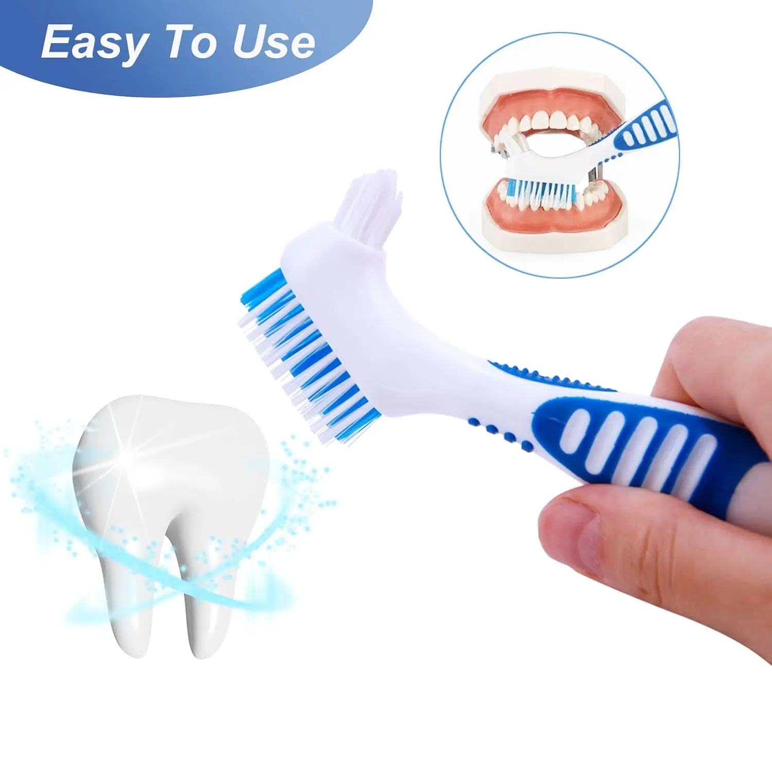 This denture brush set includes three double-sided brushes with ergonomic handles and multi-layered bristles for effective and comfortable cleaning of dentures and false teeth.