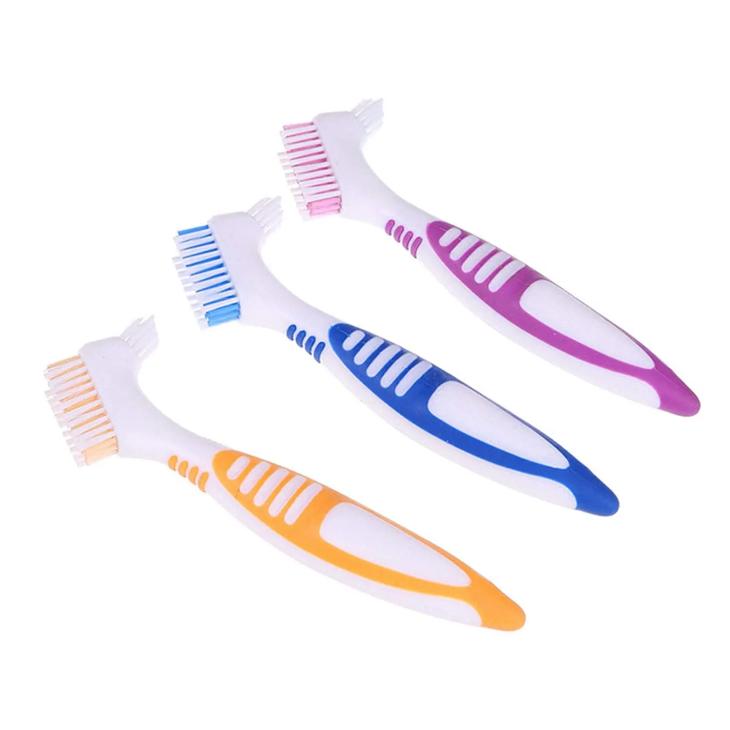 This denture brush set includes three double-sided brushes with ergonomic handles and multi-layered bristles for effective and comfortable cleaning of dentures and false teeth.