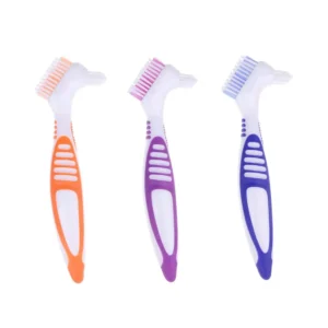 This set of three denture cleaning brushes features double-sided, multi-layered bristles and ergonomic handles for effective and comfortable false teeth cleaning.